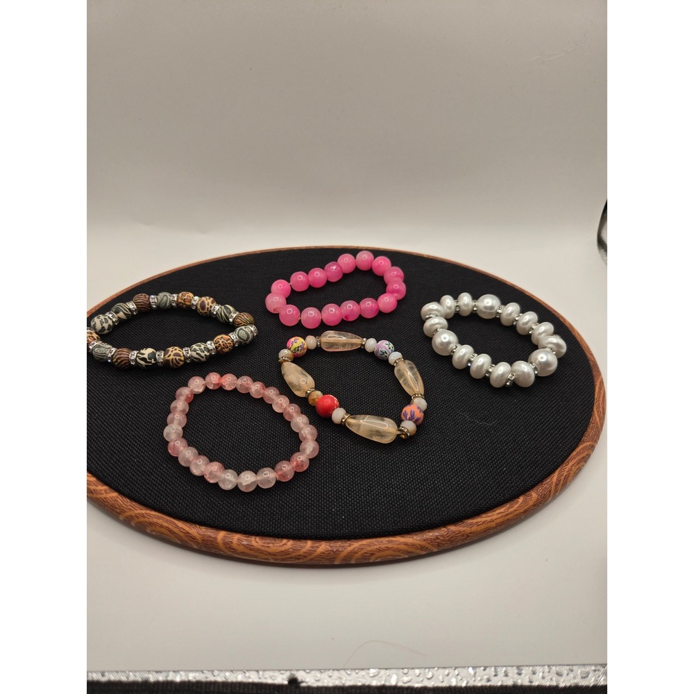 Assorted Beaded Stretch Bracelet Lot 5pc Pearl Animal Print Pink Boho Stack
